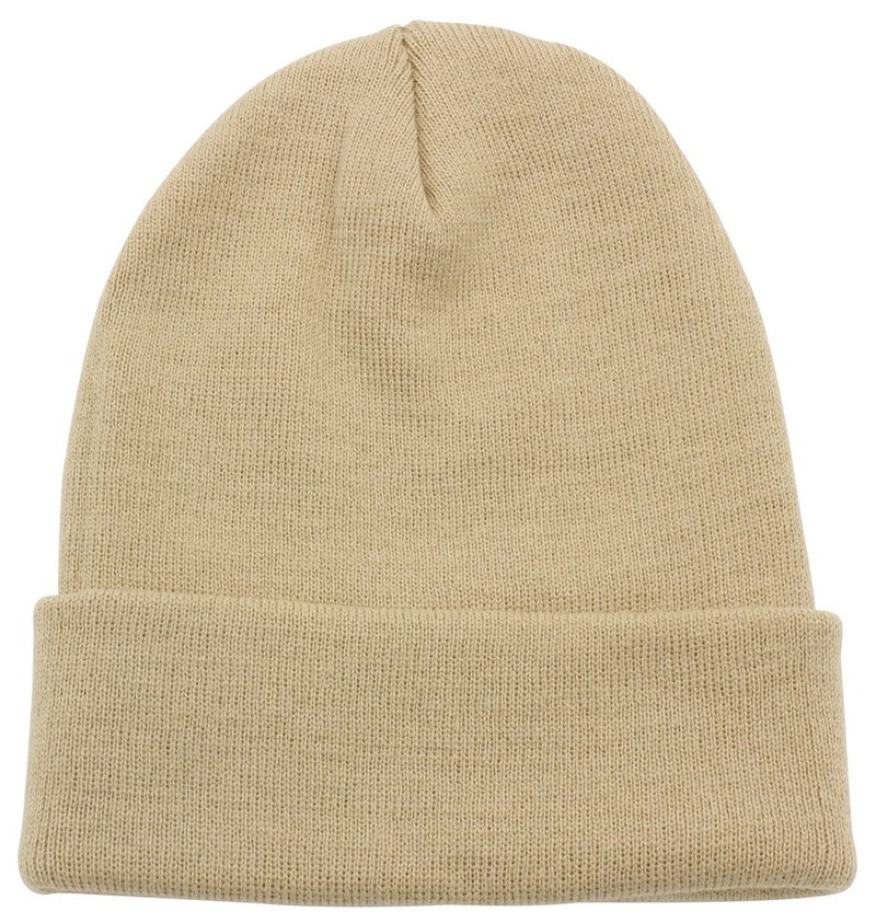 Top Level Beanie Men Women - Unisex Cuffed Plain Skull Knit Hat Cap, Khaki - Image 1